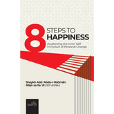 Boekomslag voor 8 Steps To Happiness met gelukkige mensen en inspirerende tekst
